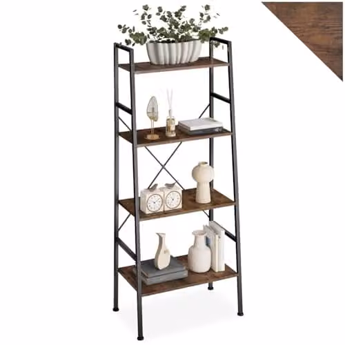 tectake 4-Tier Industrial Ladder Shelf with Steel Frame and Wood-Look Shelves in Dark Wood and Black, H 150.0 x W 61.5 x D 36.5 cm