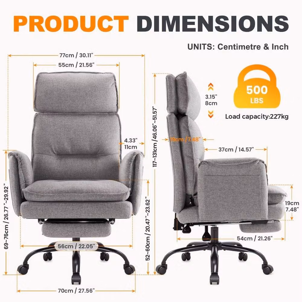 FORGEVIO Grey Big and Tall Industrial Task Office Chair with Headrest and Armrests – 2