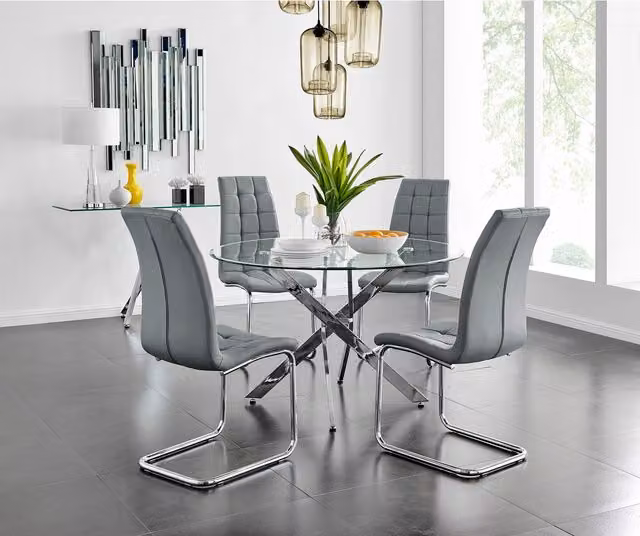 FurnitureboxUK Novara Round Glass Dining Table and 4 Murmur Chairs Set in Grey, Diameter: 120 cm
