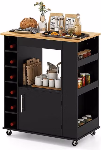 Gymax Black Kitchen Island Food Storage Cabinet Trolley Cart with 6 Wine Racks