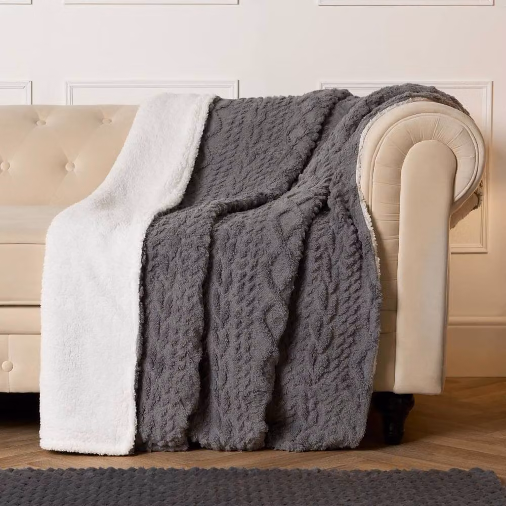 Kelvenix Grey Cable Knit Sherpa Fleece Blanket, W/D/H: 100 x 190 cm – 2
