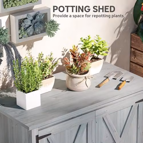Outsunny Wooden Garden Shed with Internal Shelves and Hinged Doors, Light Grey, W/D/H: 110 x 60 x 88.5 cm – 4