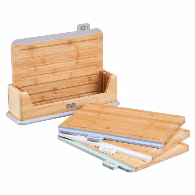 Cooks Professional Set of 4 Multicolour Bamboo Index Chopping Boards with Stand and Food Type Tabs – 3