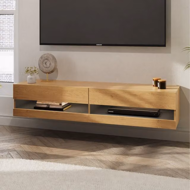 GFW Leon Minimalist Oak Wall TV Unit with LED, Width: 150 cm