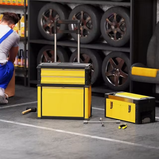 HOMCOM 3-in-1 Stackable Tool Box with Inserts and Wheels, Yellow