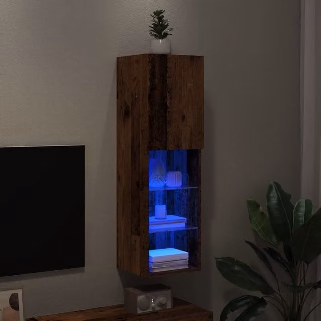 Berkfield Home Wall Mounted TV Cabinet with Integrated LED Lights in Brown Old Wood, W/D/H: 30.5 x 30 x 102 cm
