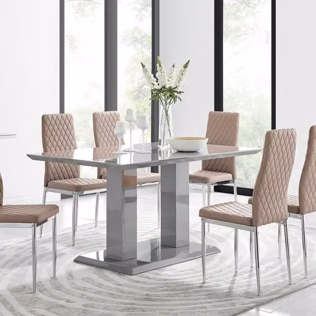 FurnitureboxUK Imperia Grey Modern High Gloss Rectangular Dining Table and 6 Milan Dining Chairs Set in Cappuccino