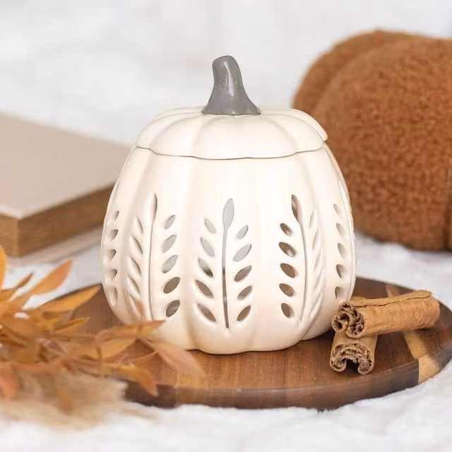 Uniqueful Cream Leaf Cut Out Pumpkin Ceramic Oil Burner and Wax Warmer in Beige