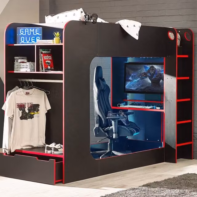 Julian Bowen Impact Gaming Bunk Bed in Red and Black with Metal Frame and Side Compartments