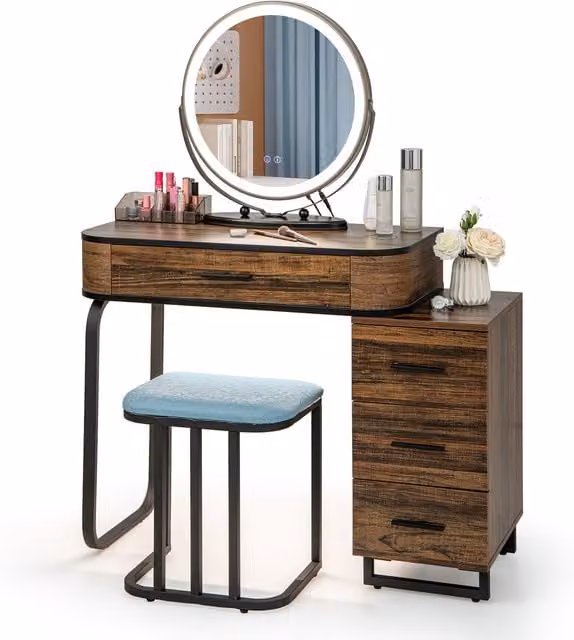 COSTWAY Hollywood LED Vanity Table and Stool Set in Brown Industrial Wood Style