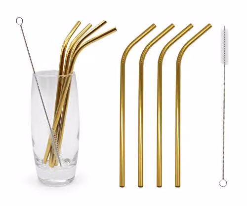Glim&Glam Reusable Stainless Steel Straws 12 Piece Set, Gold