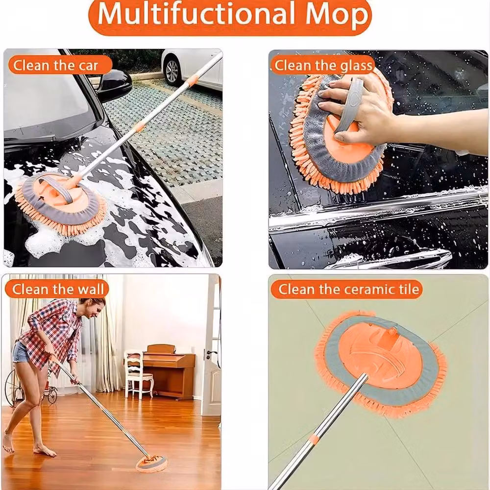 SPETLEK Car Wash Mop with 180 Degree Double Microfibre Refillable Brush Head in Orange – 4