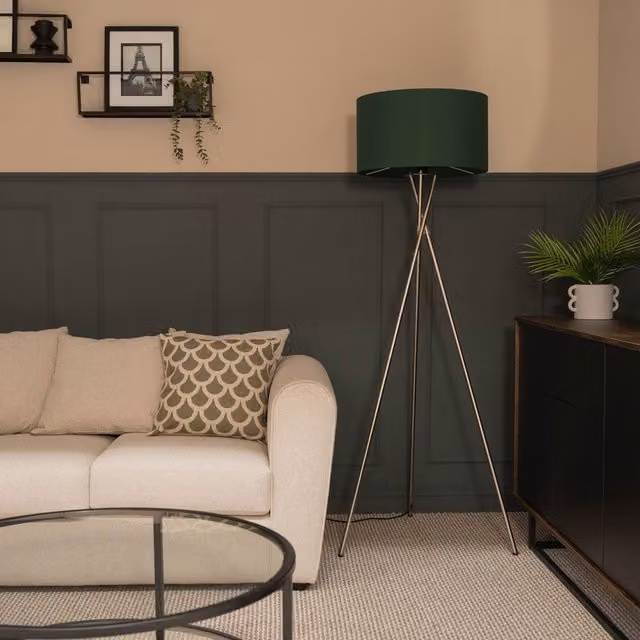 ValueLights Camden Brushed Chrome Tripod Floor Lamp with Green Fabric Drum Shade