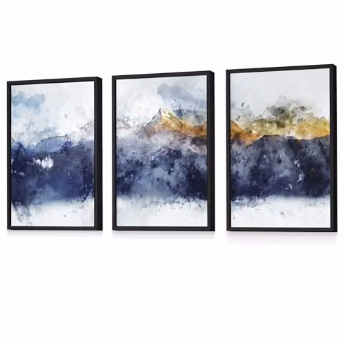 ARTZE Set of 3 Abstract Navy and Yellow Mountain Landscape Wall Art in Black Frames, W: 45 cm, H: 62 cm, D: 2 cm – 2