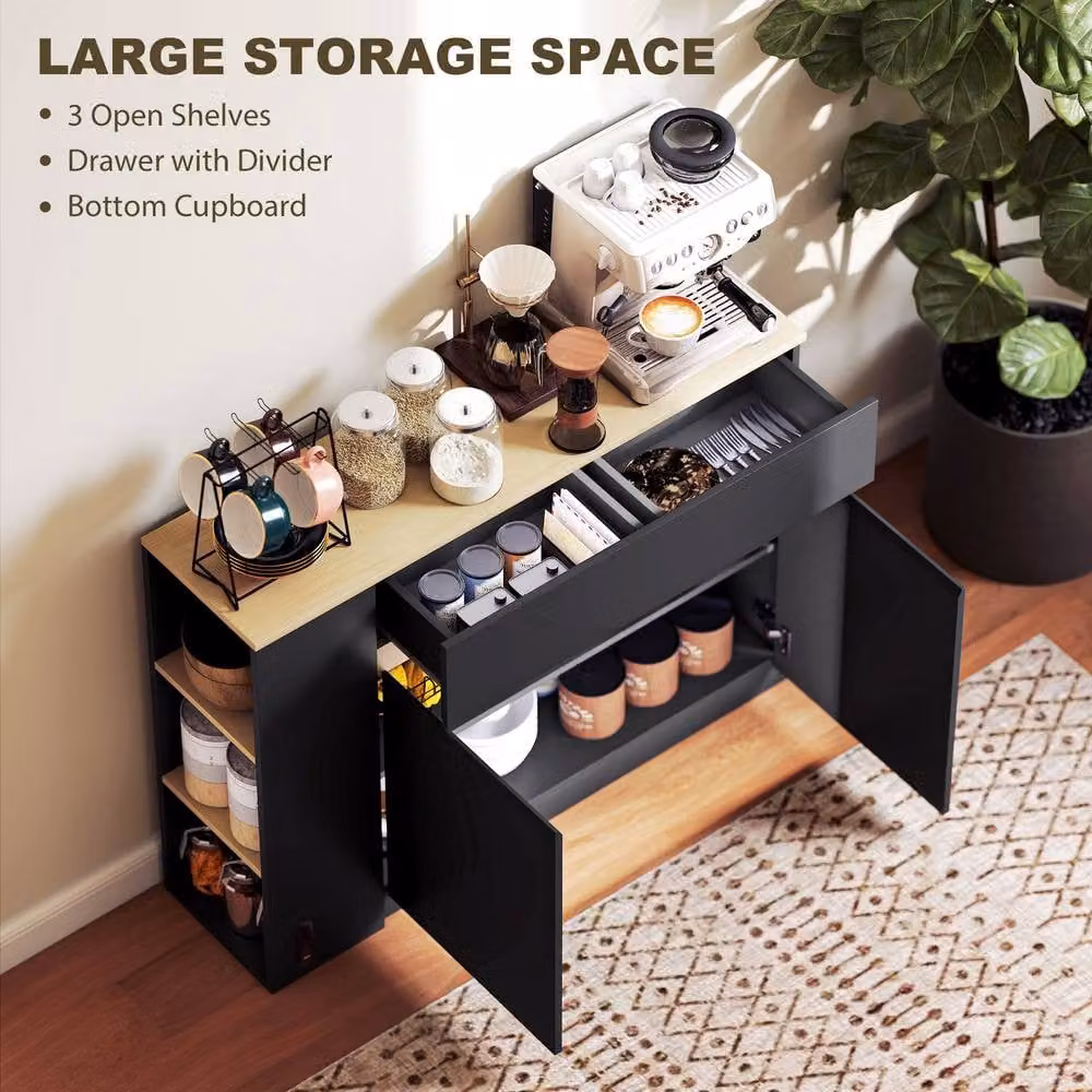 STILVORA Modern Kitchen Island in Black with 2 Doors, 1 Drawer and 3 Open Shelves, H: 110 cm, W: 82 cm, D: 29.5 cm – 4
