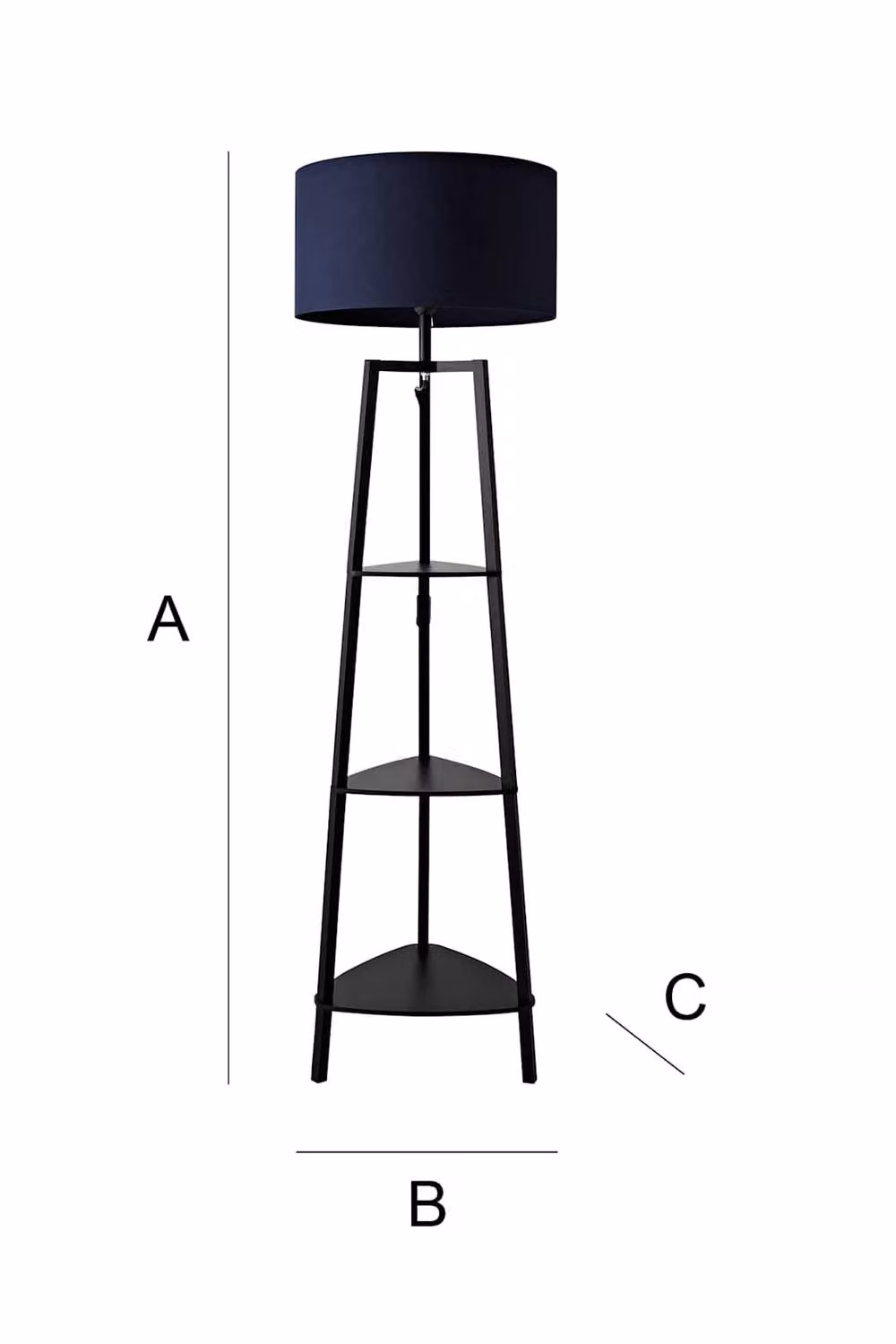 ValueLights Hiru Black 3 Tier Shelf Floor Lamp with Navy Blue Fabric Drum Shade and Bulb Included – 4