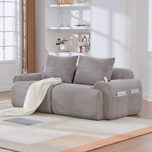 Rolipo Modular 2-Seater Corduroy Sofa in Light Grey with Cup Holders