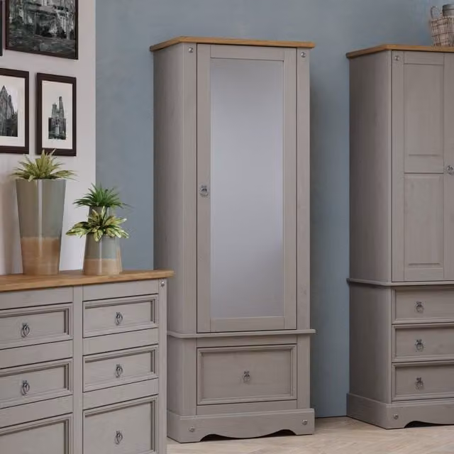Core Products Corona Armoire in Grey with Mirrored Door and Drawer, H187.7 x W66 x D55.5 cm – 1