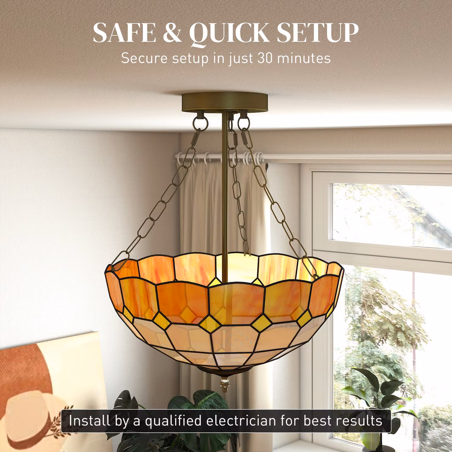 HOMCOM Tiffany Style Vintage Ceiling Light, Multicolour Glass and Copper Chandelier with 3 E27 Sockets – 3