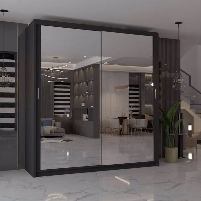 MN Furniture Cuba Black Sliding Mirror Wardrobe with Integrated LED Lighting W/H: 203 x 217 cm
