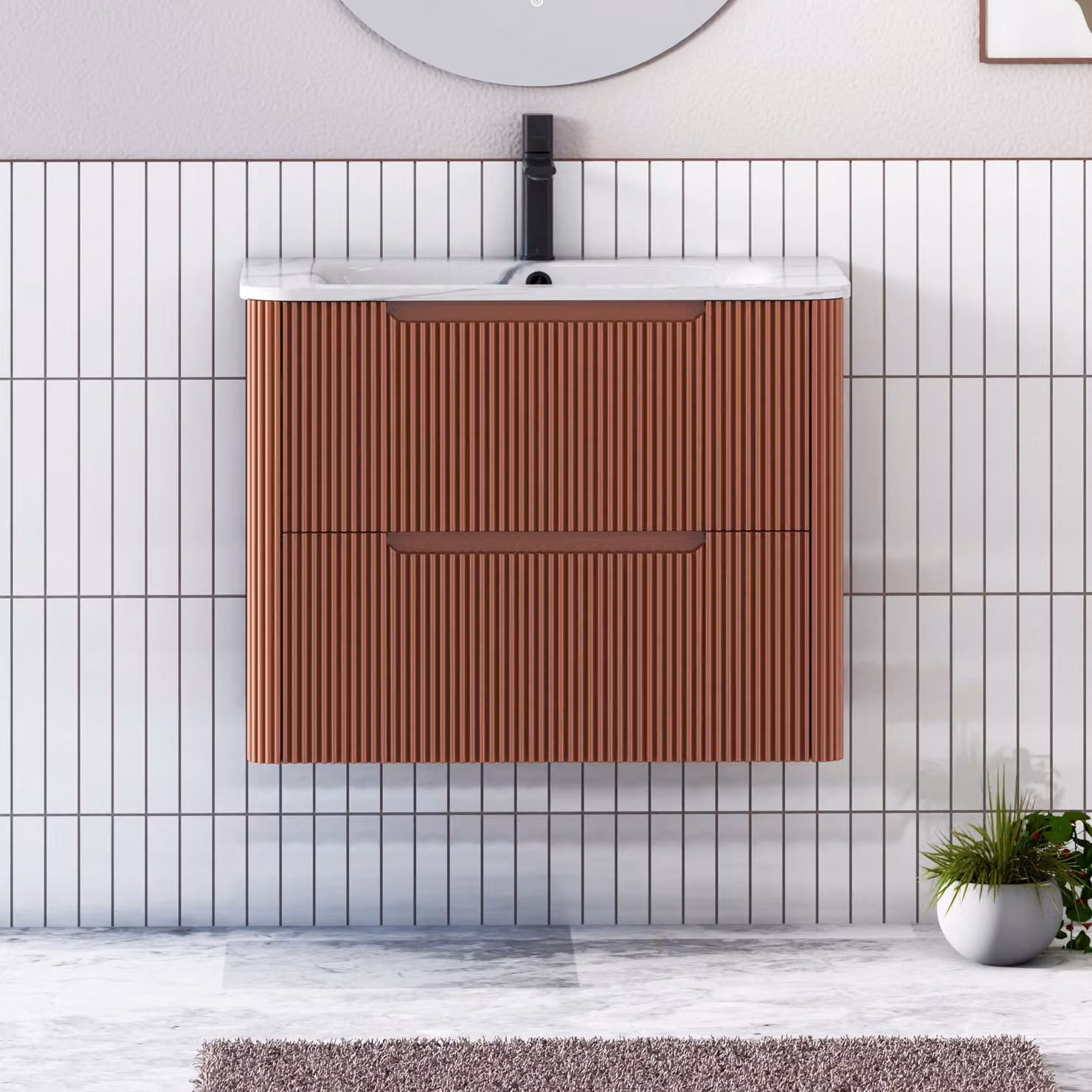 Royal Bathrooms Avenza Wall Hung Vanity Unit with 2 Drawers and Carrara White Basin, Terracotta Clay, Width: 70 cm