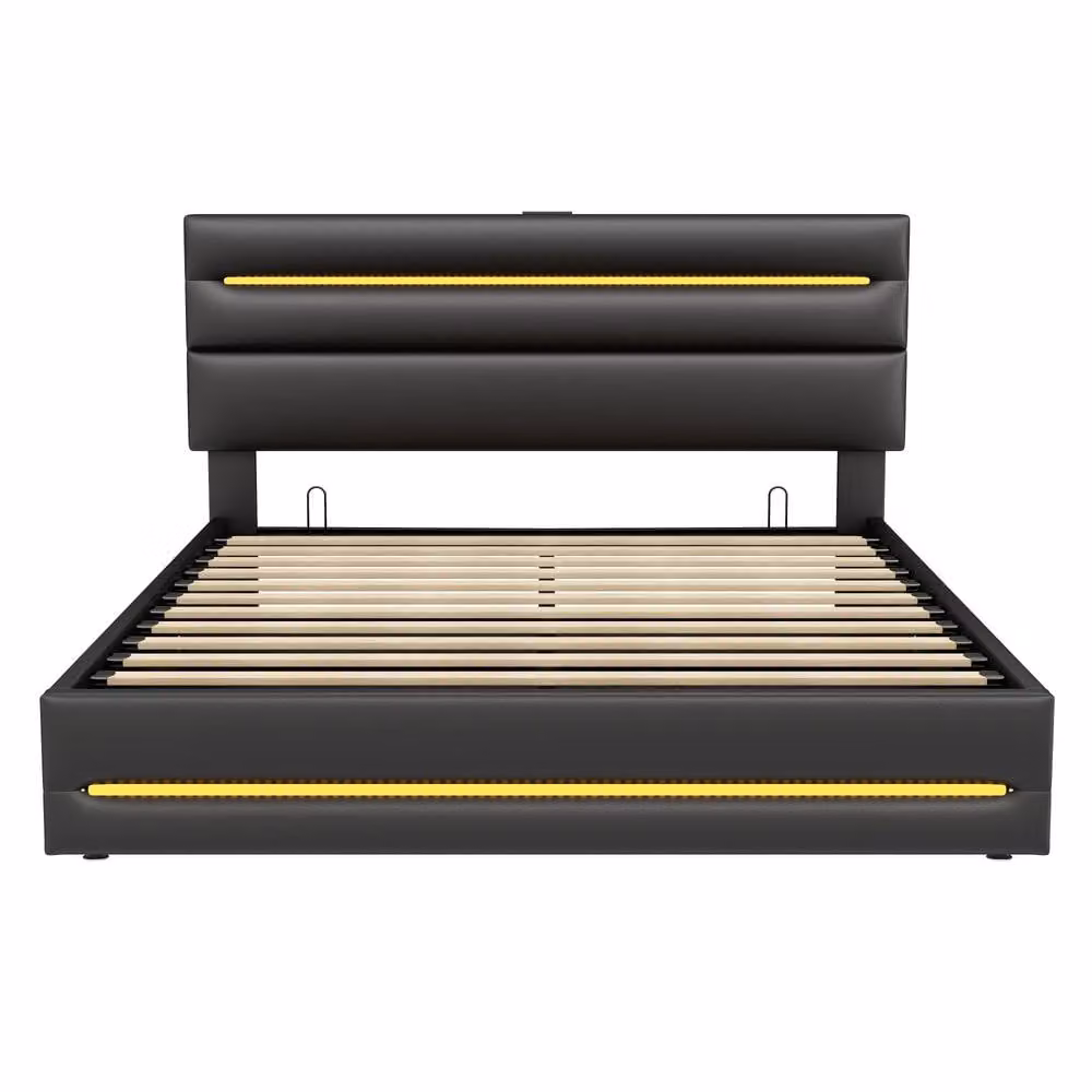 BTM King Size LED Ottoman Bed in Black with Hydraulic Storage, USB Charging Port and Under-Bed Lighting – 4