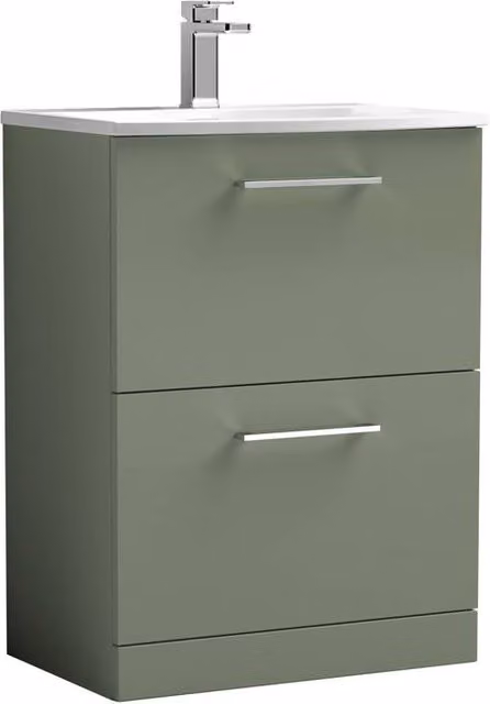Balterley Modern Matt Green Bathroom Floor Vanity Unit with 2 Soft Close Drawers and Basin, W: 60 cm, H: 83 cm, D: 45 cm