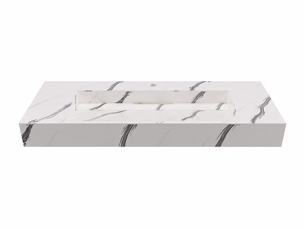 Vente-unique TAKOTNA Wall-Mounted Rectangular Washbasin in Black Solid Surface with White Marble Effect – 2