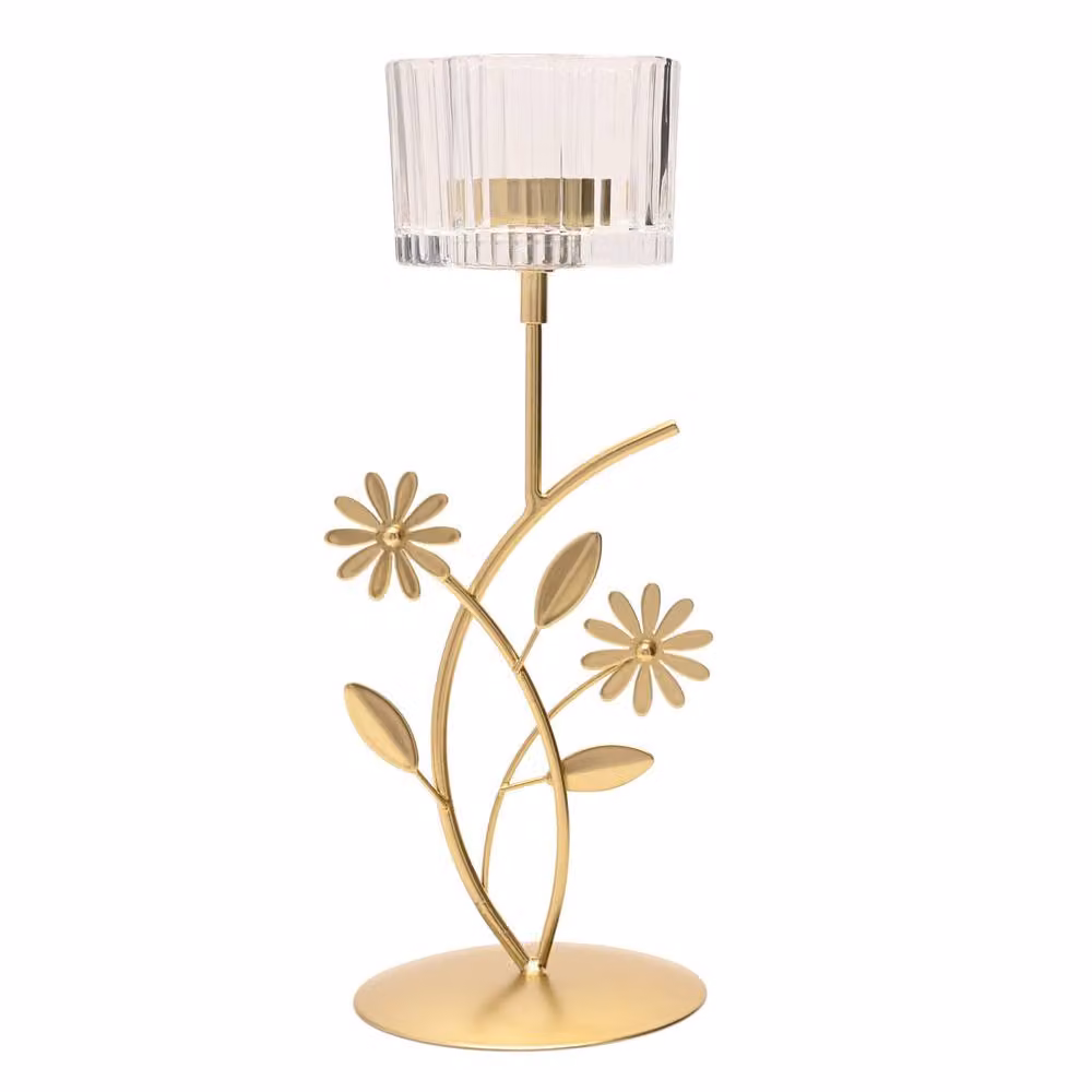 Hestia Gold Floral Single Candle Holder for Taper or Tealight Candles – 2