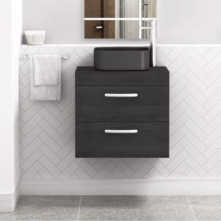 Royal Bathrooms Hale 600mm Wall Hung 2 Drawer Vanity Unit in Matt Black with Art Square Countertop Basin