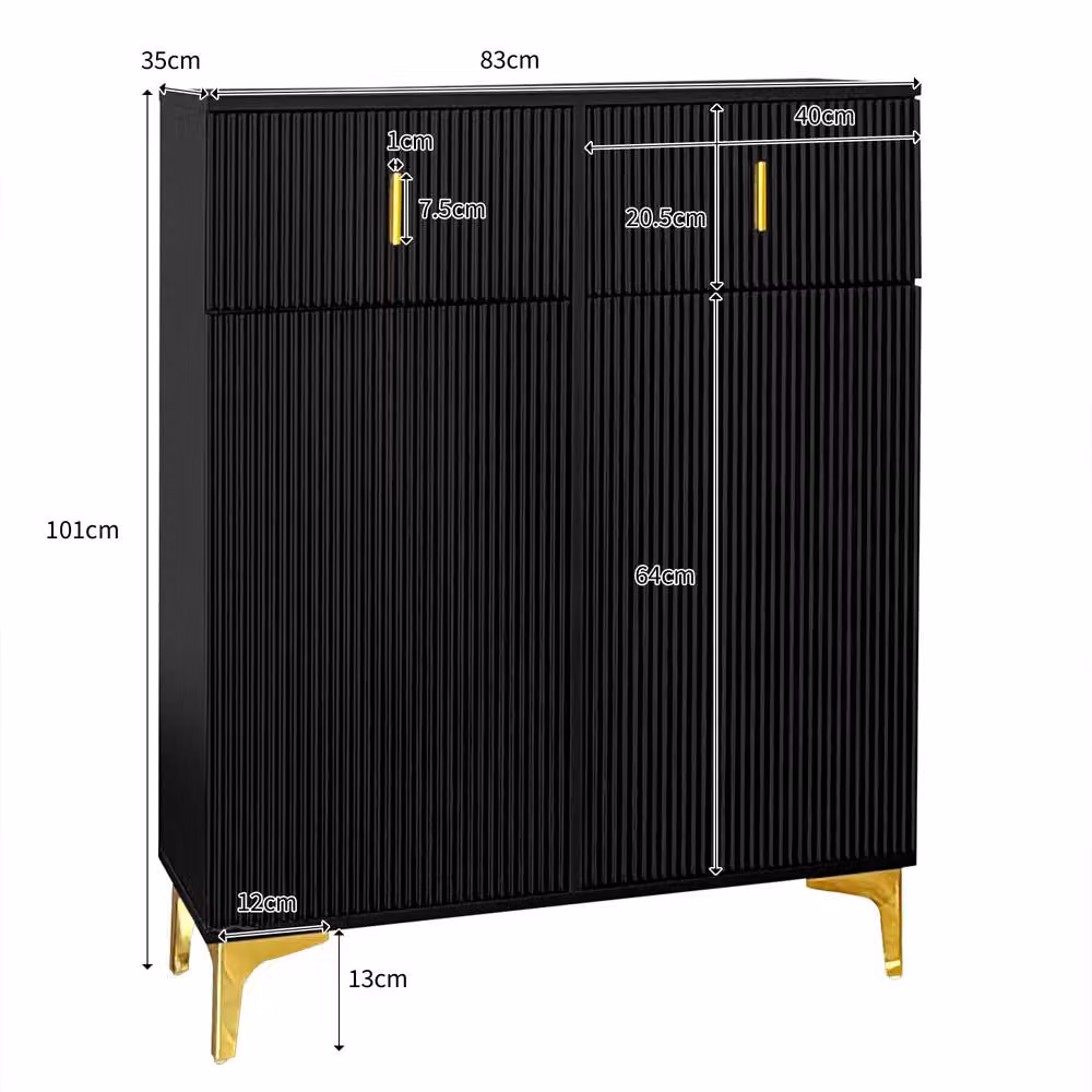 Merax Black and Gold Fluted Shoe Cabinet with Soft-Close Doors and Drawers, W/D/H: 83.0 x 35.0 x 101.0 cm – 2