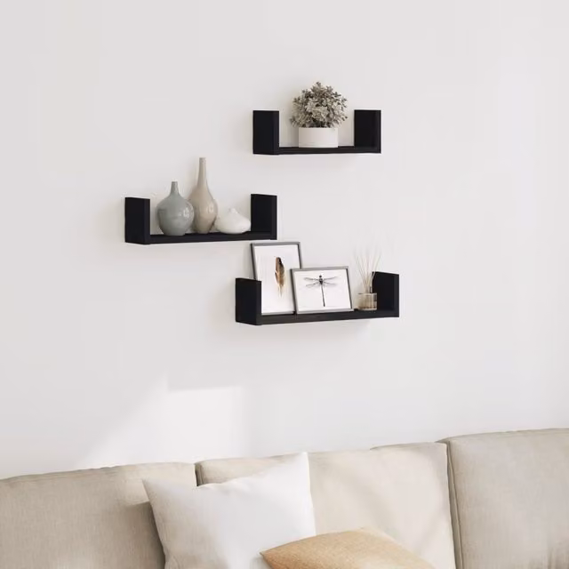 Berkfield Home Set of 3 Black Matt MDF Wall Mounted Shelves