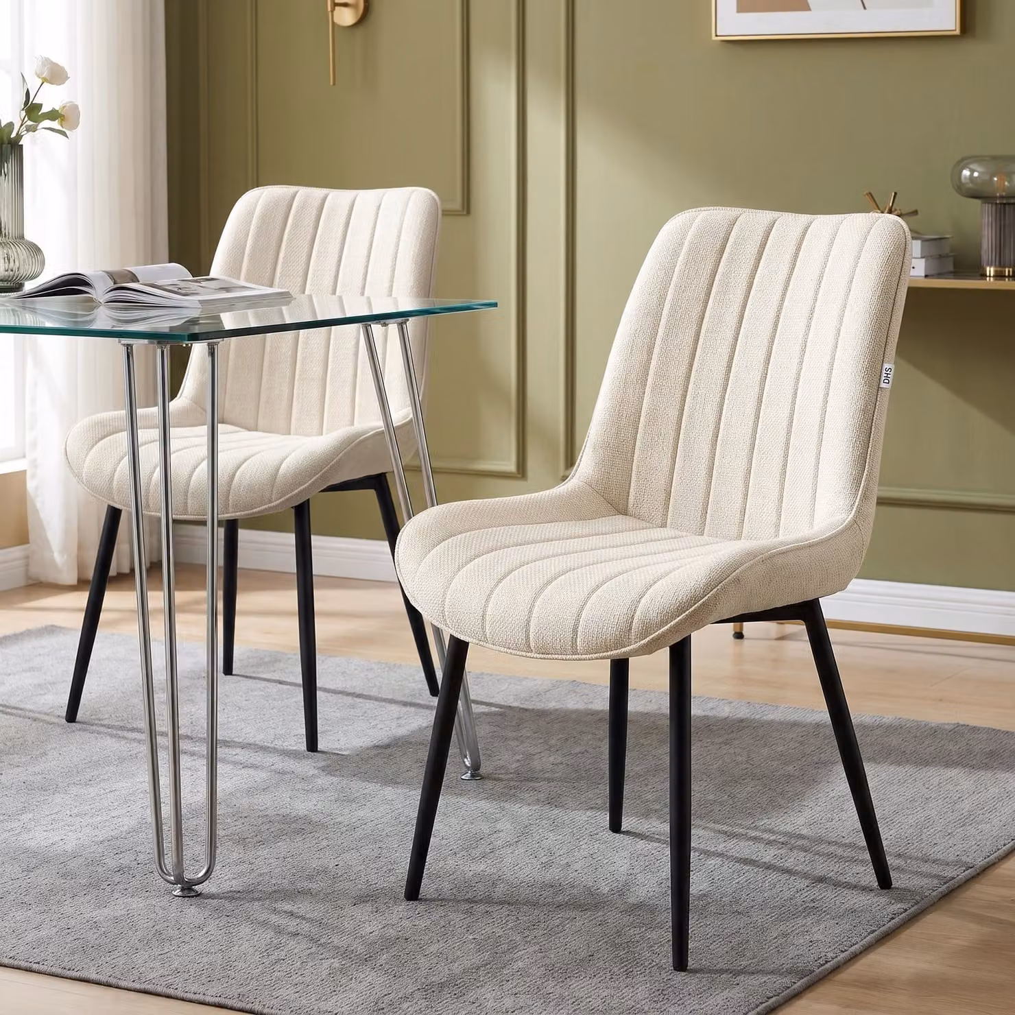 DHS Set of 2 Modern Vertical Striped Fabric Dining Chairs in Beige and Black