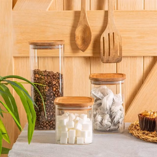 Argon Tableware 3 Piece Set of Square Glass Storage Jars with Wooden Lids in Transparent and Yellow