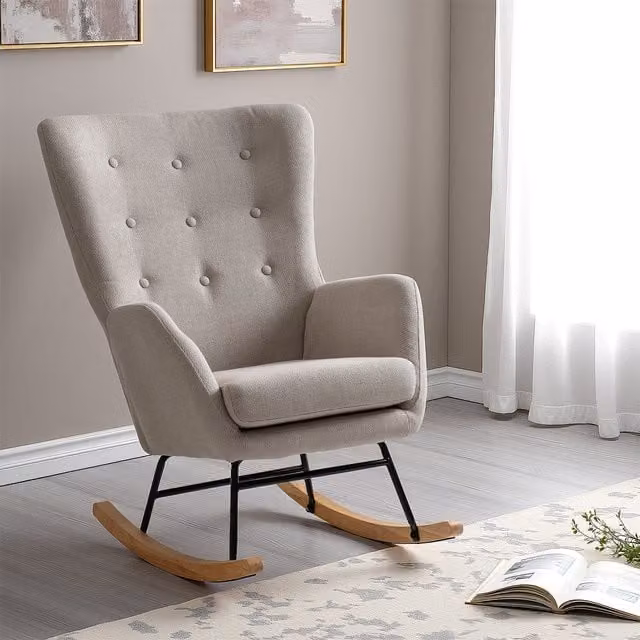 Seconique Hayden Rocking Chair in Beige and Grey Fabric with Armrests