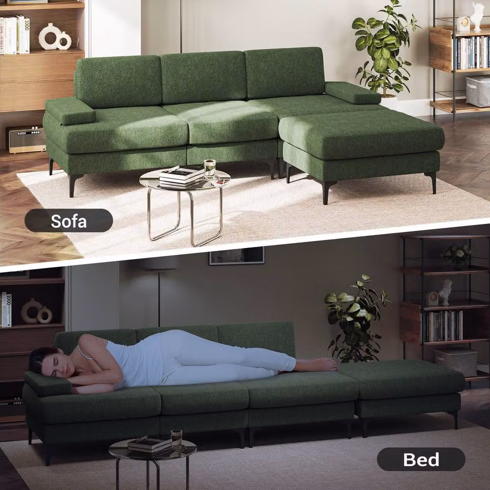 Dprodo 2-Pack Green Chenille L-Shape Corner Sofa Set, 4 Seater Modern Upholstered Couch – 3