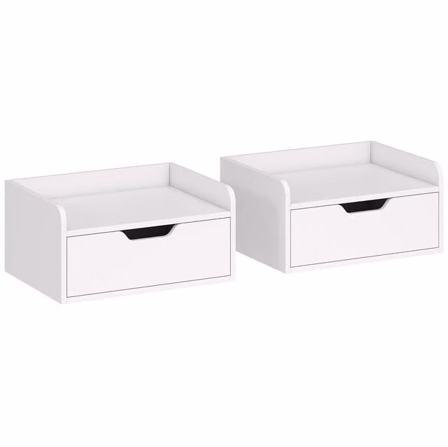 HOMCOM Set of 2 White Wall Mounted Floating Nightstands with Drawer