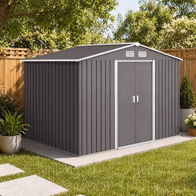 STILVORA Modern Steel Garden Storage Shed with Double Doors in Grey – 1