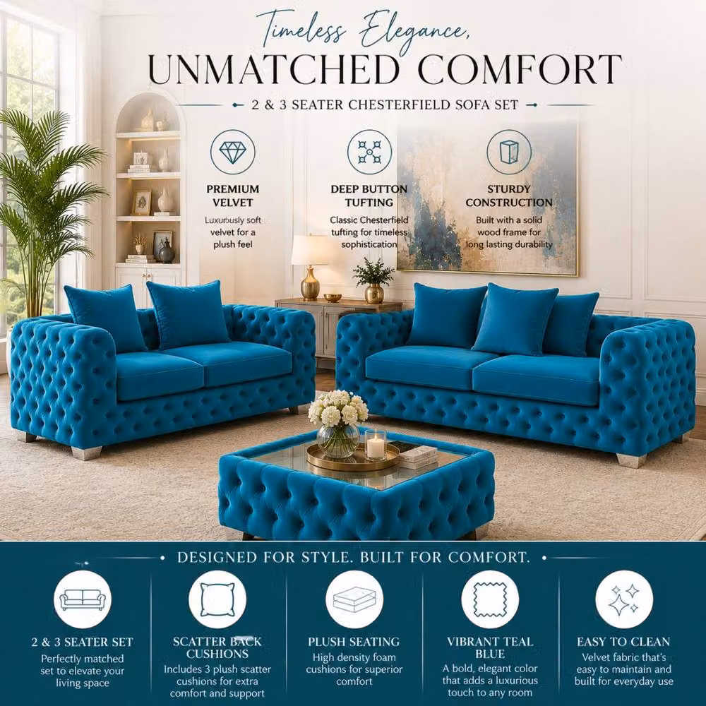 Stratus Interiors Ashley Scatter Back Chesterfield Fabric Sofa 2 and 3 Seater Set in Petrol – 2