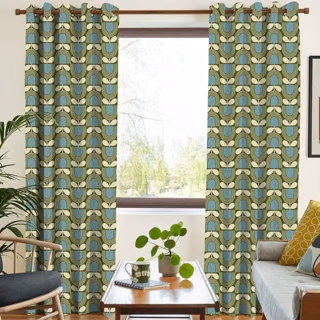 Orla Kiely Made To Measure Striped Tulip Blackout Eyelet Curtains in Bancha Green and Blue Cotton