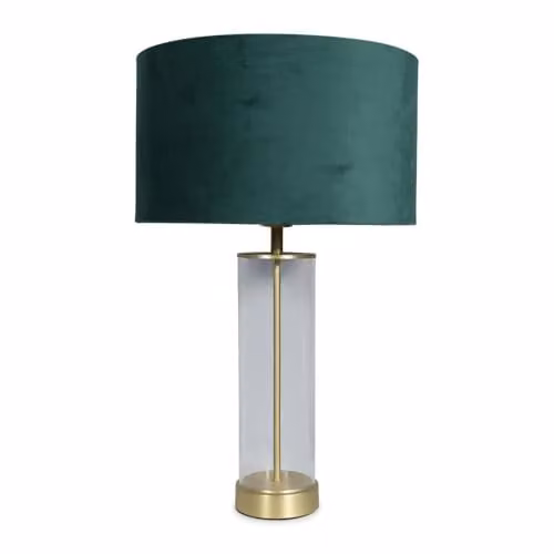 ValueLights Glass and Gold Metal Table Lamp with Green Fabric Shade and LED Bulb