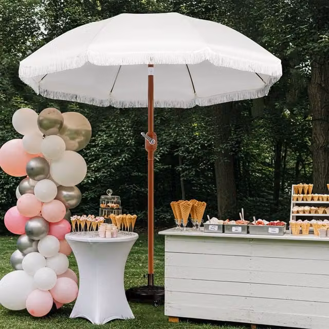 Yaheetech Boho 8-Rib Garden Parasol with Fringe in White, Diameter: 227.5 cm