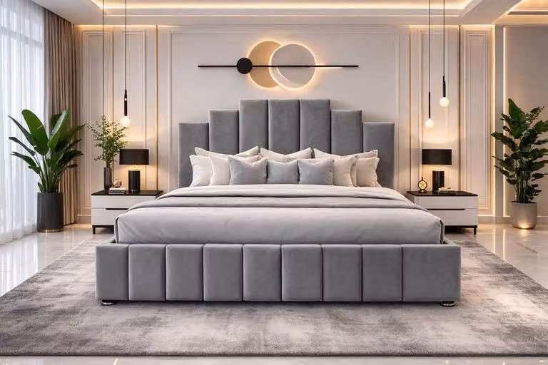 Paradise Beds Ltd Art Deco Plush Velvet Divan Bed Set with Headboard and Drawers in Beige and Grey, W/D/H: 120 x 200 cm