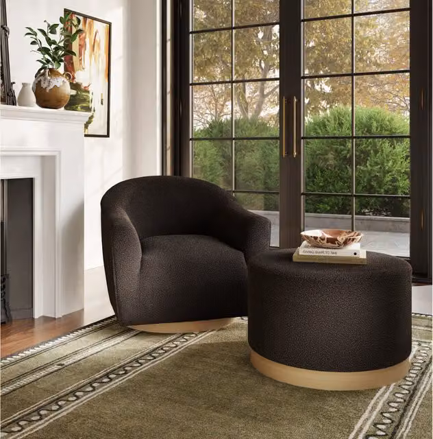 LPD Home Daphne Modern Black Bouclé Fabric Swivel Tub Lounge Chair with Ottoman