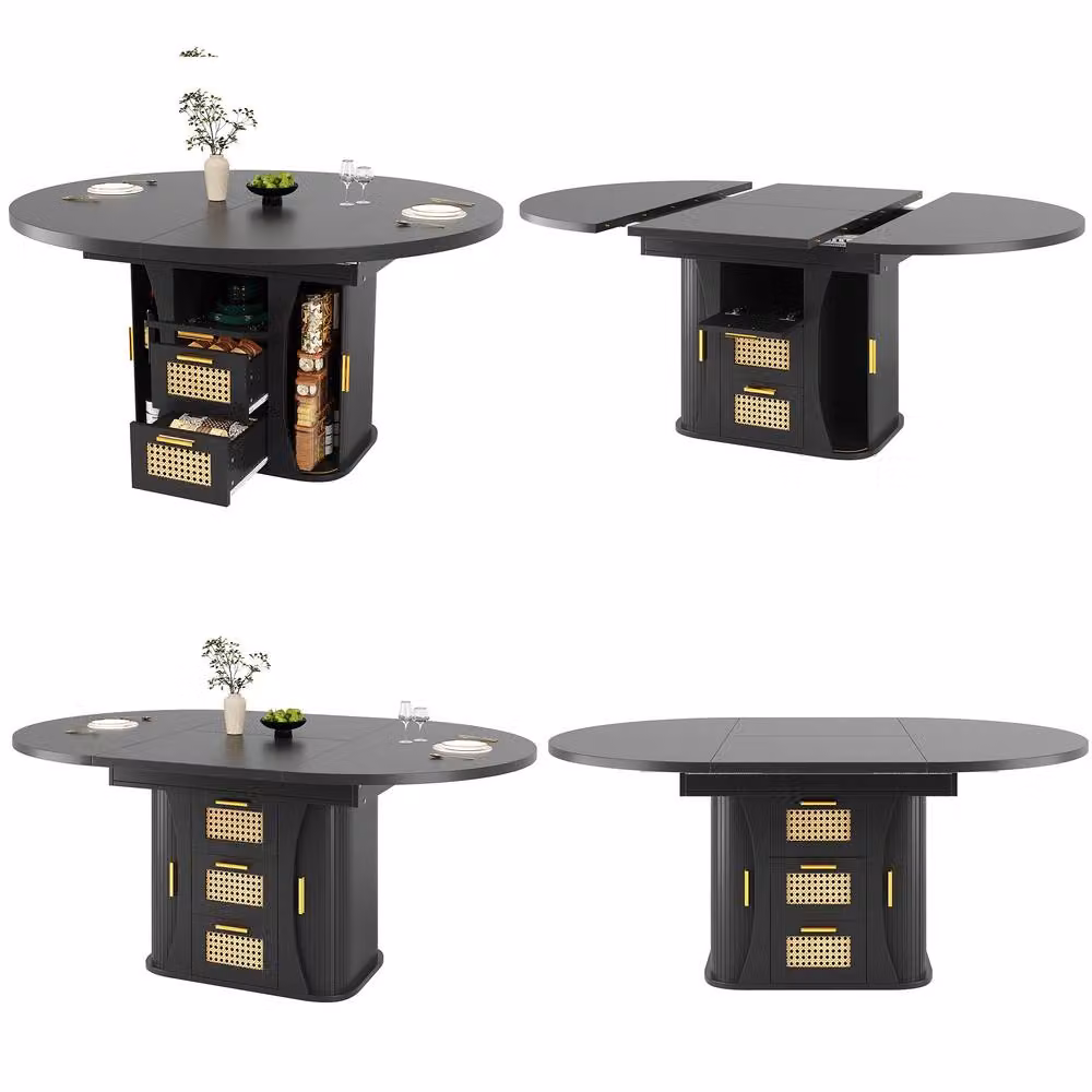 ModernLuxe Extendable Dining Table with Rattan Storage Drawers in Black – 6