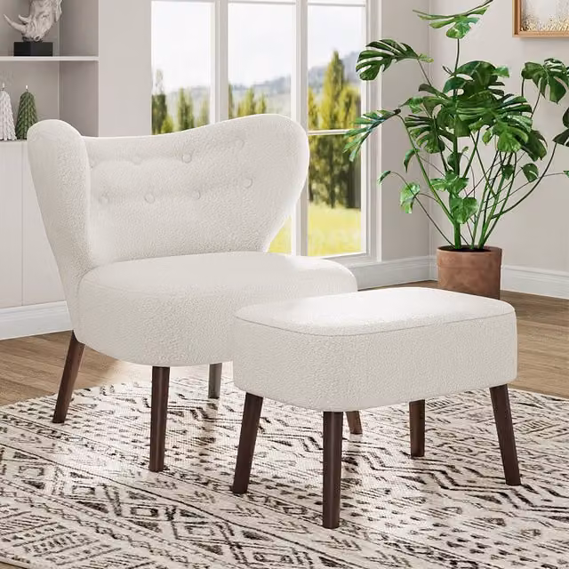 Komore White Bouclé Fabric Lounge Chair with Integrated Ottoman