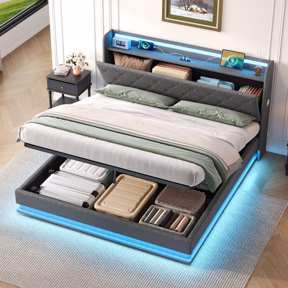 BTM Grey Linen Upholstered King Size Bed Frame with Hydraulic Lift-Up Storage, Under-Bed Lighting and USB Charging Port – 3