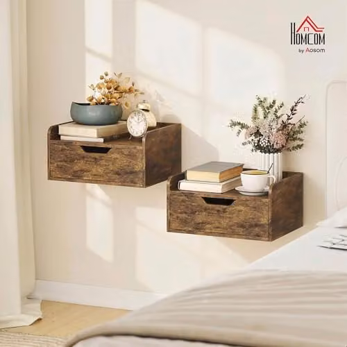HOMCOM Set of 2 Floating Wall Mounted Nightstands in Rustic Brown – 2