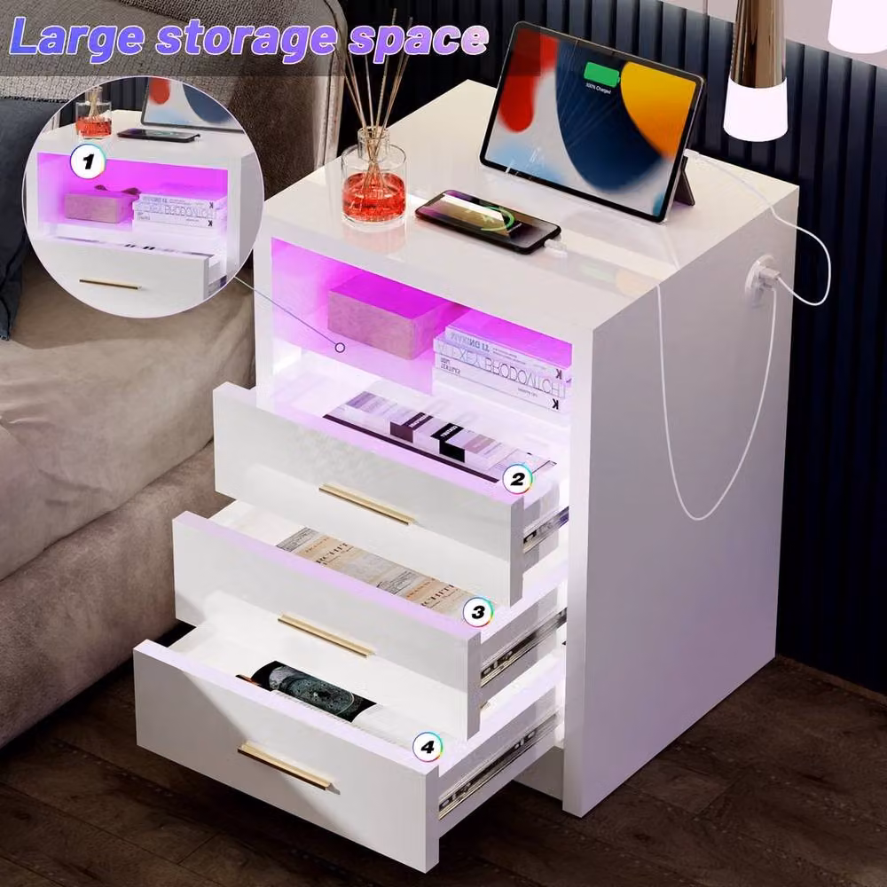 FLAVORA White Modern High Gloss 3 Drawer Bedside Cabinet with Integrated LED Lighting – 3