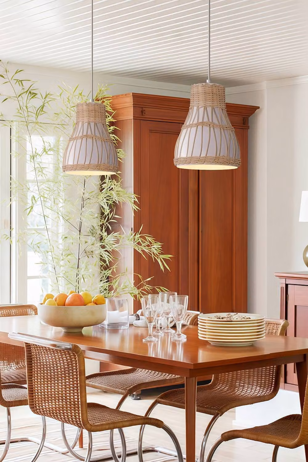 Living and Home Handmade Rattan Pendant Light, White Woven Boho Suspended Ceiling Lamp – 2